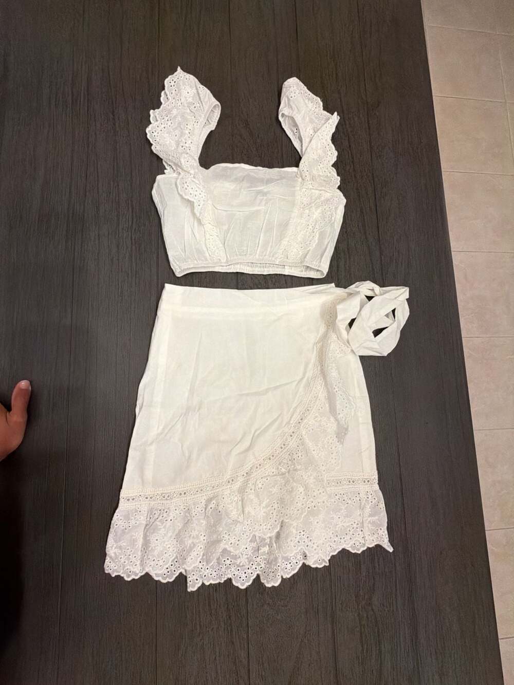 #36SHEIN White Eyelet Embroidery Two-Piece Crop Top and Wrap Skirt Set